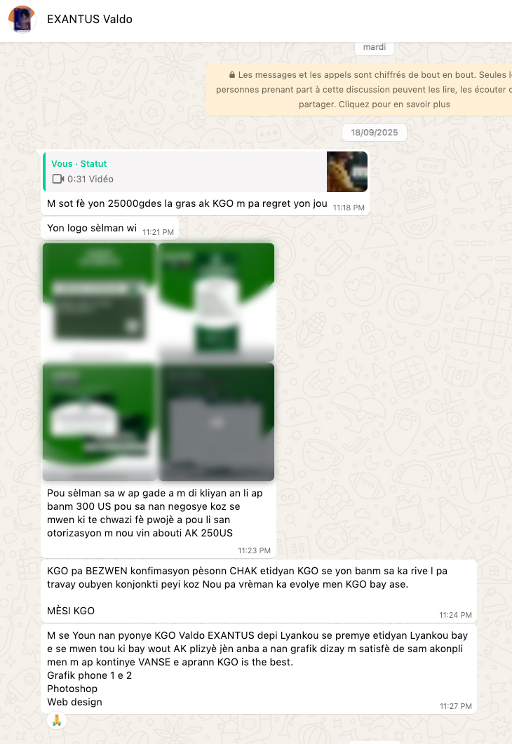 KgoSchool's tweet photo. Valdo Exandus, youn nan etidyan KGO School, pa sèlman aprann… li kreye valè. 

Gras a konpetans li devlope lakay nou, li kontinye fè lajan ak pwojè li yo.
E sa k pi bèl la? Li toujou pataje temwayaj li, pou montre ki jan KGO ka chanje lavi w vrèman. https://t.co/Koh1UZ59Uu