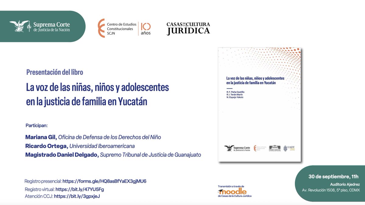 📌 Este martes Mariana Gil, directora de la ODI, participará en la presentación del libro: ‘La voz de las niñas, niños y adolescentes en la justicia de familia en Yucatán’. Acompáñanos.

📍 Registro presencial: forms.gle/HQ8asBfYaEX3gj…
💻 Registro virtual: bit.ly/47YU5Fg