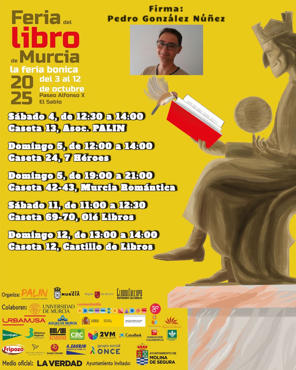 El viernes 3 de octubre empieza la <a href="/feriaLibroMurci/">Feria del Libro de Murcia</a> y un servidor parcipará llevando todo su arsenal literario. Si te quieres pasar, aquí te dejo horarios y casetas en las que estaré. ¡Nos vemos!

#FeriaDelLibroMurcia #LaFeriaBonica #FLMurcia2025