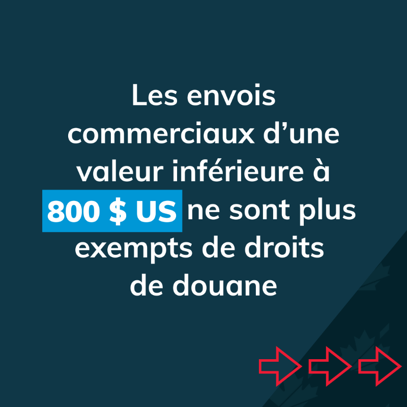 SDC_TCS's tweet photo. 📦 Les envois commerciaux de moins de 800 $ ne peuvent plus entrer aux #ÉtatsUnis en franchise de droits. Des droits peuvent s’appliquer, même sur les marchandises conformes à l’ACEUM envoyées par la poste.

Découvrez ce que cela signifie pour vous : https://t.co/xHc77HFi5F
