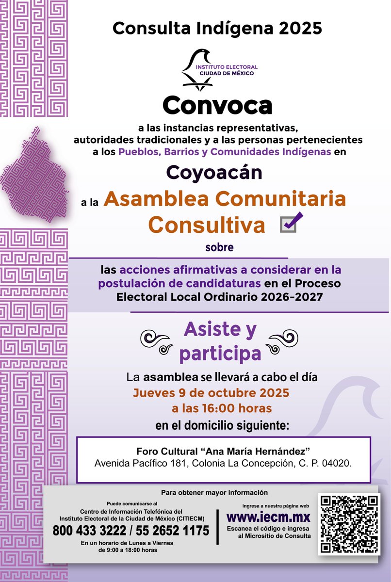 📢📢Asiste a la Asamblea Comunitaria Consultiva de la Demarcación Coyoacán.
📅 9 de octubre a las 16:00 horas en el Foro Cultural "Ana María Hernández" ubicado en Avenida Pacífico 181, Col. La Concepción 🙋🙋‍♂️