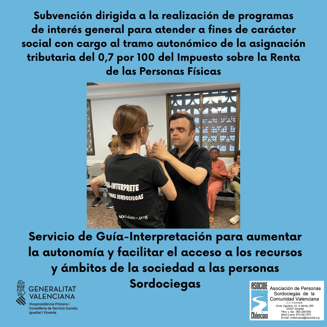 Gracias a <a href="/GVAIgualtat/">GVAIgualtat</a> por la subvención de IRPF 2025 para el programa Servicio de Guía-Interpretación para aumentar la autonomía y facilitar el acceso a los recursos y ámbitos de la sociedad a las personas Sordociegas.
8.407,61 € para seguir generando autonomía personal.