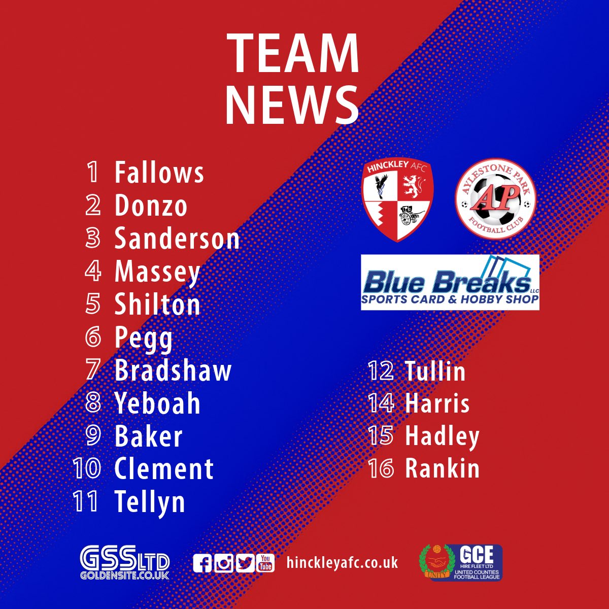 TEAM | Hinckley make three changes for tonight’s League Cup tie with Aylestone Park as James Sanderson, Caleb Yeboah and Louis Baker return to the starting line up.
