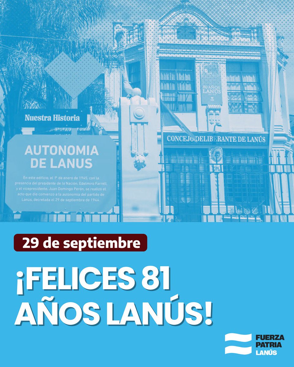 29 de septiembre 🩵 ¡Felices 81 años Lanús!

Con orgullo y en comunidad seguiremos construyendo y trabajando para lograr #LaCiudadQueNosMerecemos.