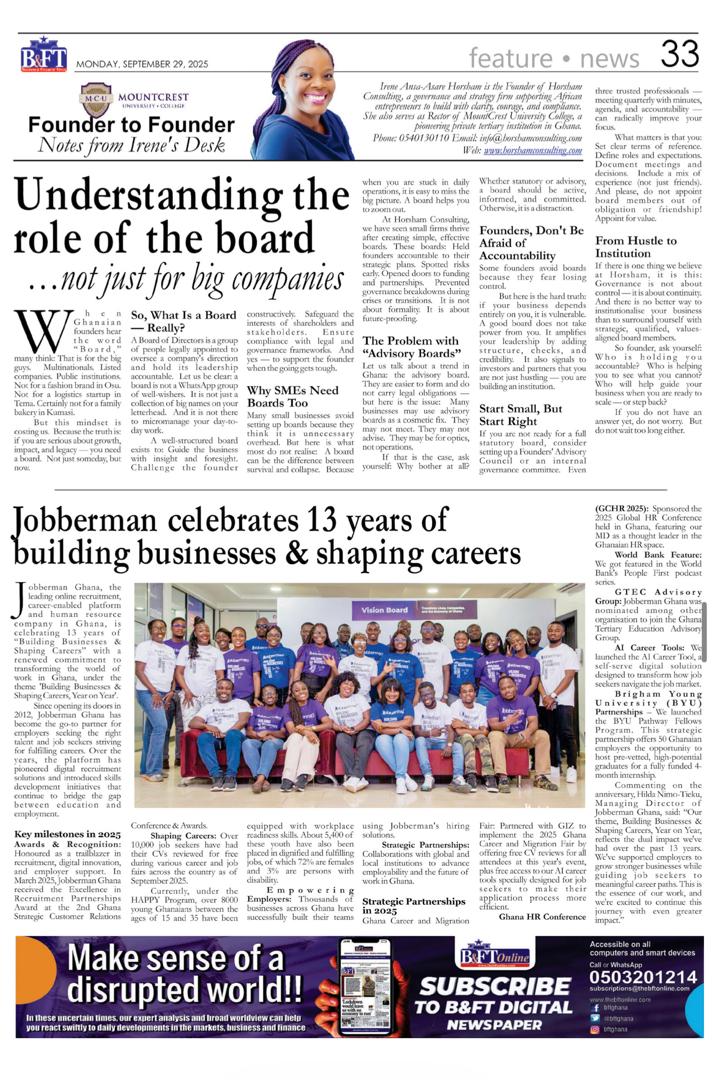 JobbermanGhana's tweet photo. A milestone captured in the news!
Our 13th anniversary has been captured in the Business & Financial Times.
Cheers to 13 years of "Building Businesses and Shaping Careers Year After Year.
#jobbermanghana #13yearsofimpact https://t.co/Ce5mpFjbpD