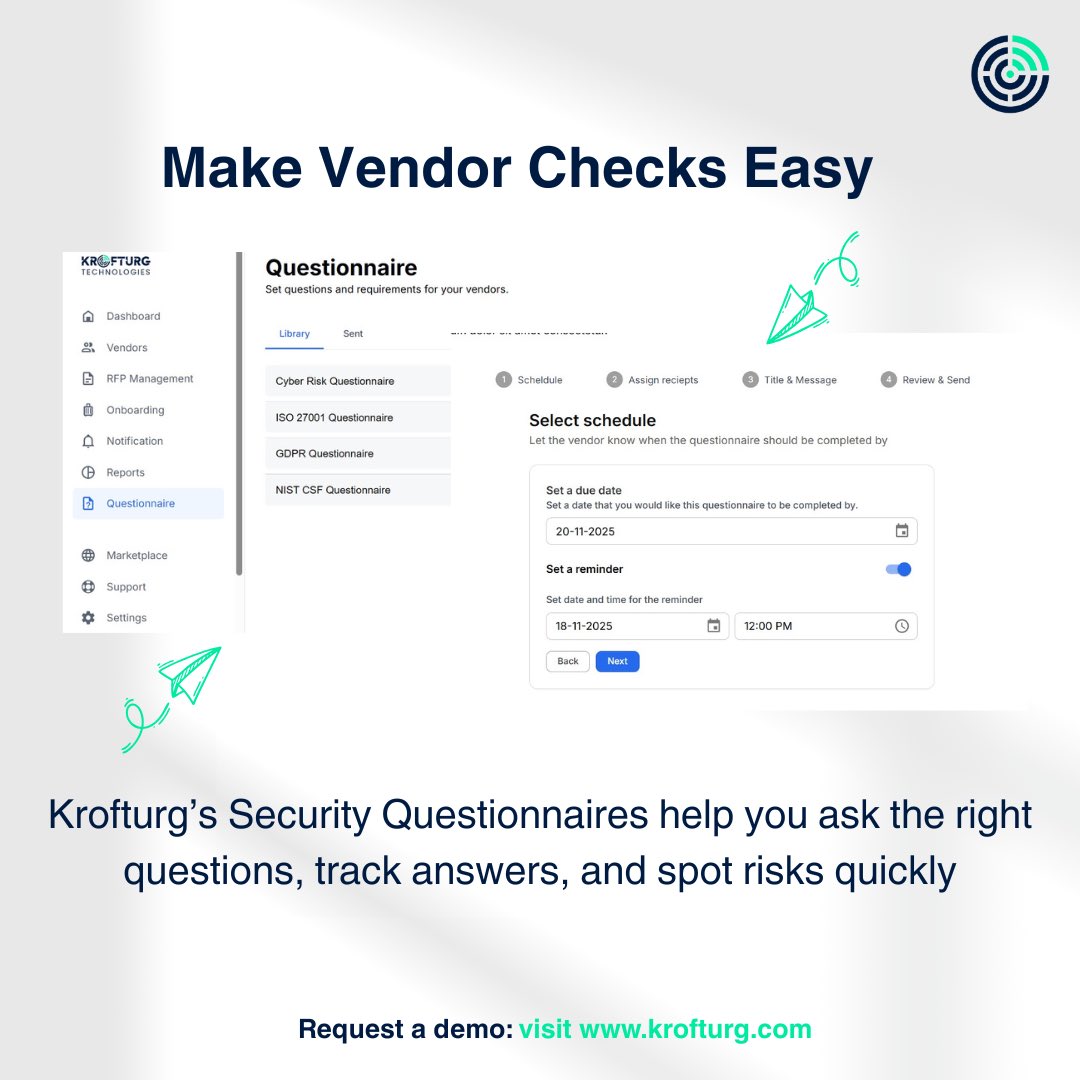 Krofturg's tweet photo. Every weak vendor link is a doorway into your business.
Yet most teams still rely on unstructured processes to vet vendors.

Krofturg’s Security Questionnaires close that gap.

👉 Request a consultation today at https://t.co/x3Y97boNHV https://t.co/V2tnwOxpKs