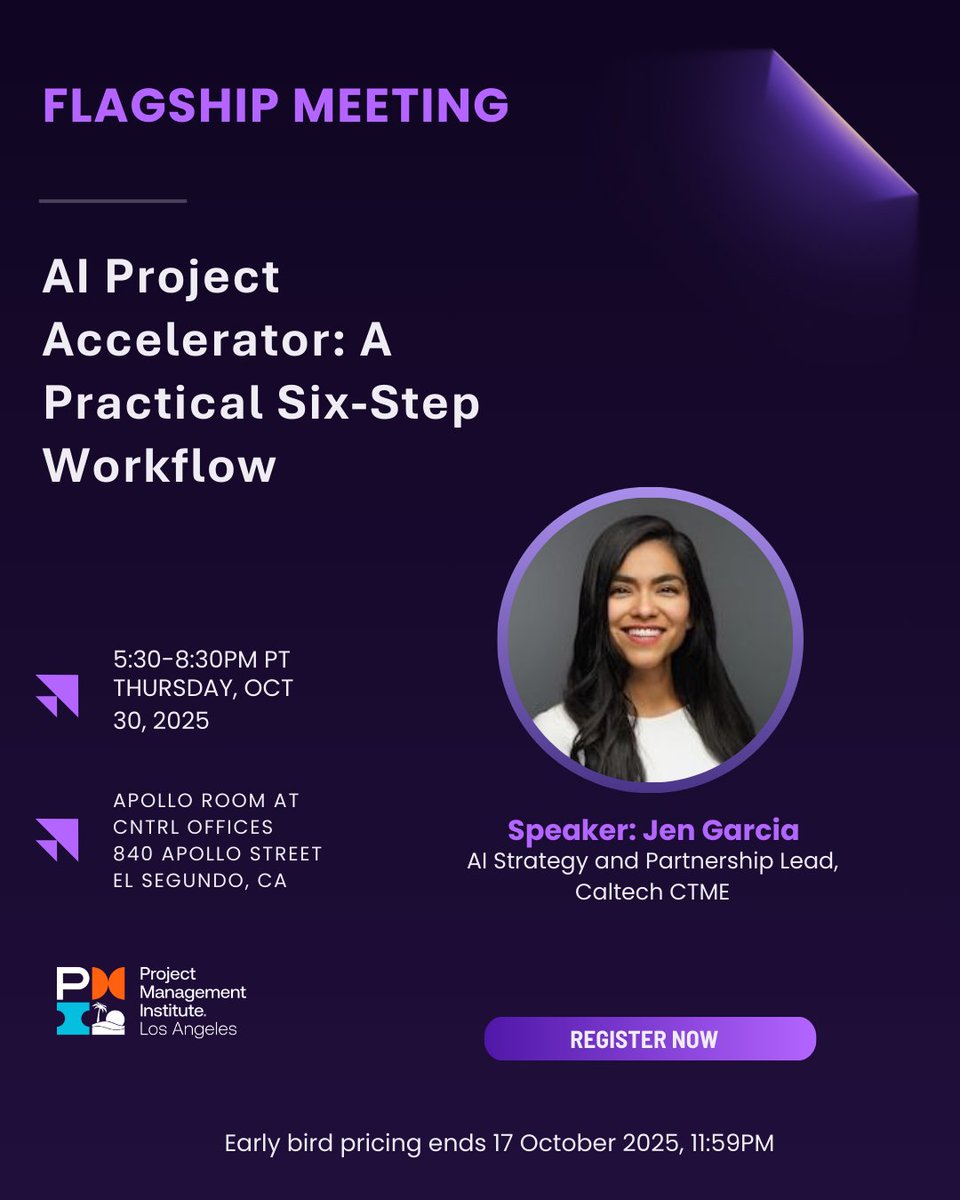 pmi_la's tweet photo. Join us for PMI-LA’s October Flagship Meeting | AI Project Accelerator: A Practical Six-Step Workflow featuring AI Strategy Leader, Jen García, who will walk us through practical ways to use free-tier AI tools for project tasks and more. Sign up now: https://t.co/Dak7hw4JBy https://t.co/ztv0Plal64