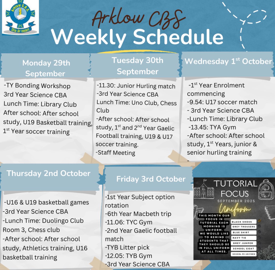 ArklowCBS's tweet photo. It’s shaping up to be another busy week at Arklow CBS!
Take a look at our guide to what’s on in school this week!
#weeklyplanner https://t.co/d291sfO3Ag