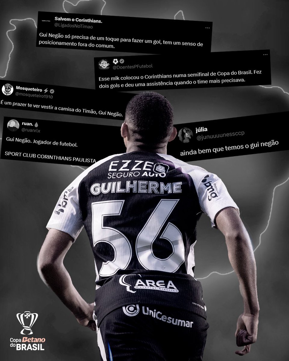 CRIA! ✔️

A torcida do <a href="/Corinthians/">Corinthians</a> confia no futebol de Gui Negão. Fundamental nas quartas da Mais Democrática, o Filho do Terrão é uma das armas do Timão. 🦅

#CopaBetanoDoBrasil