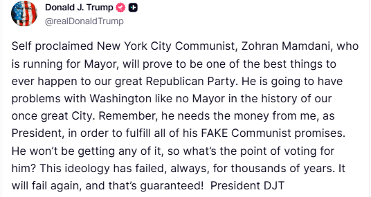 Trump is threatening to BLOCK funding from NYC if Zohran becomes mayor. Trump is doing the bidding of his donors. Until we get corporate money and influence out of electoral politics...nothing will change.