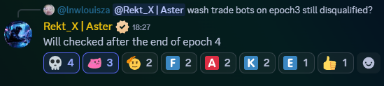 Bots serão removidos no final dessa semana (época 4) da <a href="/Aster_DEX/">Aster 🥷</a>.

Começou a última semana do farm e há rumores de alocarem 2% do supply total para essa semana e 1.25% para a semana que acabou de encerrar.

Tem todas as infos na live aberta de hoje.