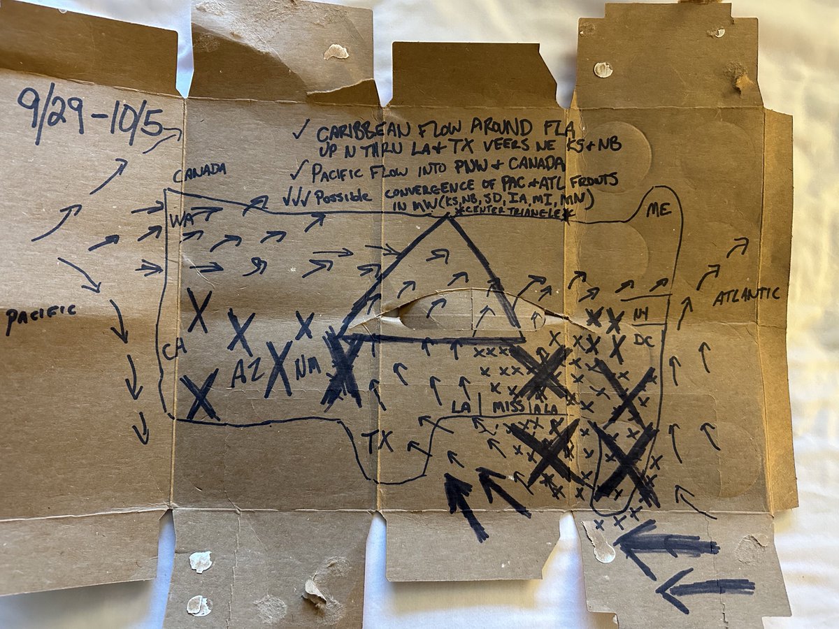 Here it is. My first prediction (9/29-10/5 US weather fronts) constructed SOLELY by observing US Air Force &amp; its airline/aircraft contractors flights &amp; patterns over 2 days (9/27-9/28). All in one very poorly drafted map. 

I am willing &amp; open to being 100% wrong. Totally fine.