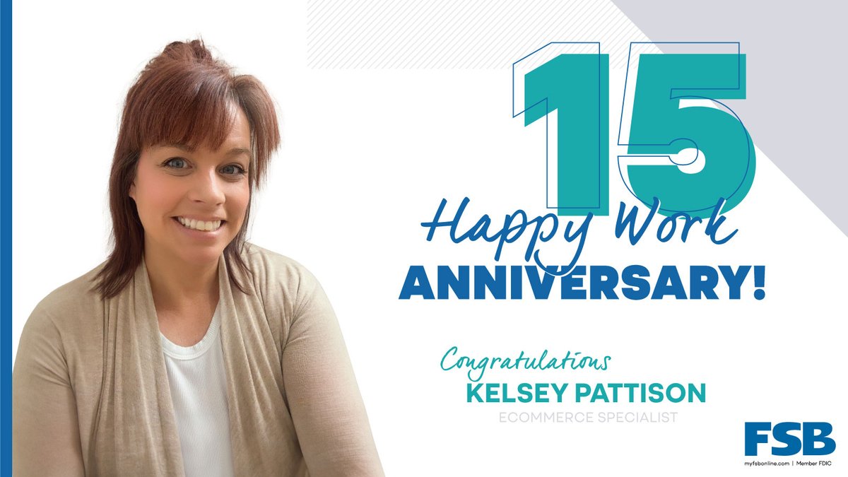 Congratulations to Kelsey on 15 years with FSB! As an eCommerce Specialist in Marion, she helps make digital banking easier for our customers every day.

We’re thankful for her commitment, expertise, and the positive impact she’s had over the years.
