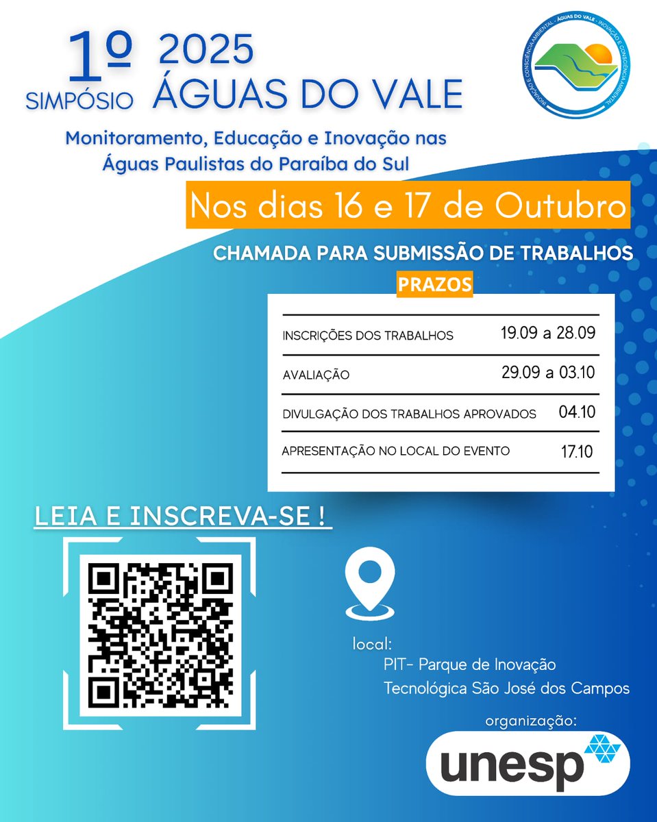 1º Simpósio Águas do Vale: Monitoramento, Educação e Inovação nas Águas Paulistas do Paraíba do Sul em 16 e 17/10/2025, 14h - 17h30, presencial no Parque de Inovação Tecnológica - SJC (com Luciano Pezzi- DIOTG, palestrante <a href="/inpe_mcti/">INPE</a> )
Veja + em: eventos.ict.unesp.br/aguasdovale-61…