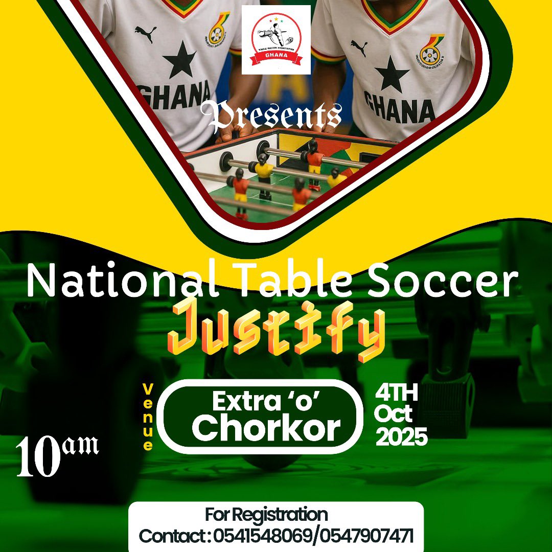 TableSoccer_GH's tweet photo. 🚨 REMINDER 🚨
The Ghana National Table Soccer Justifier is happening THIS WEEKEND! 🏓🔥

🎯 Venue: Extra ‘O’ Event Center, Chorkor
Don’t miss out on the thrills, skills, and action as players battle it out for glory! 💪🇬🇭

For participation, call: 0541548069 / 0547907471 https://t.co/FKohbAlfsW
