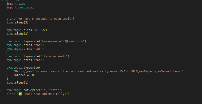 KamahStreetwise's tweet image. tuchezee scripts coz why not  RPA 
(compose mail and sends email )
had to run another script to get the exact click dimension for compose button
next time I will try using another logic that will try to find where the button appears on the screen and click it

#pythonlearning