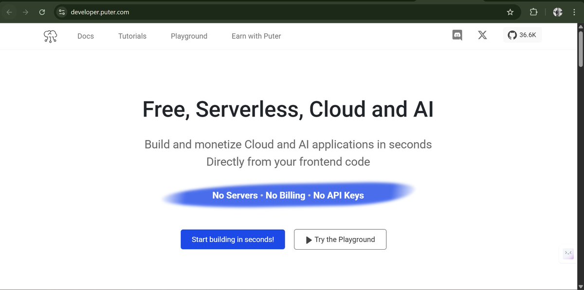 🚀 Free. Serverless. Cloud + AI.

That’s the promise of Puter.js by <a href="/HeyPuter/">Puter</a>.

Build full-stack apps with zero backend code—just drop in a script tag. 👇
🔗 developer.puter.com