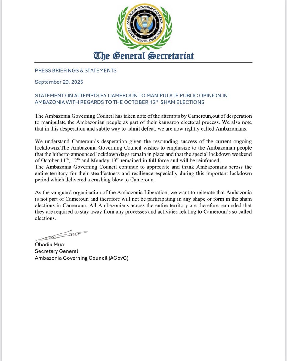 Ambazonian Governing Council #AGovC official response to desperate Cameroun and its SM paid propagandists: No colonial elections in Ambazonia.