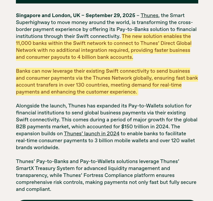 CDemanincor's tweet image. People still saying Swift is on its way out aren’t watching what’s actually happening.

Thunes just rolled out Pay-to-Banks over Swift, letting 11,000+ banks plug into its Direct Global Network with zero extra integration covering 4 billion accounts across 130+ countries.

This…