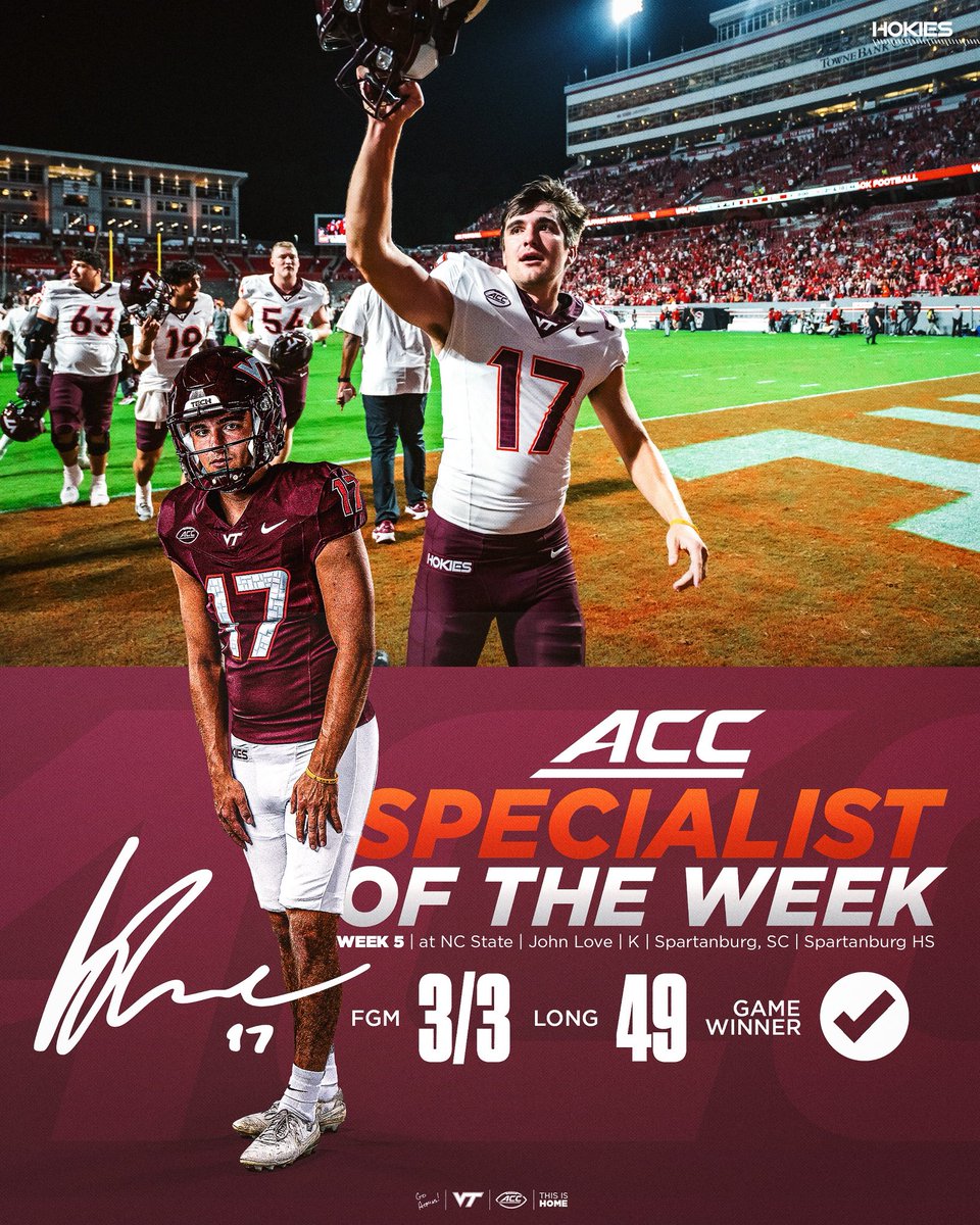 Virginia Tech Football (@hokiesfb) on Twitter photo John Love has been named the ACC Specialist of the Week ‼️
#ThisIsHome John Love has been named the ACC Specialist of the Week ‼️
#ThisIsHome