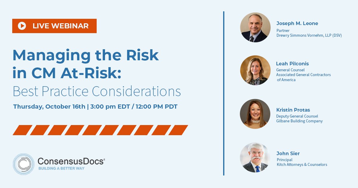 ConsensusDocs's tweet photo. Construction Management At-Risk is one of the top project delivery methods. Are you using it to its full potential? Join our webinar for a deep dive into CM At-Risk best practices and learn how to manage risks effectively. ➡️Register today: https://t.co/NB9kGfVJIq #Construction https://t.co/njxDFR705G