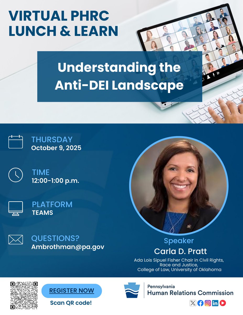 PA_HumRelComm's tweet image. 📢 Join the PHRC for our October Virtual Lunch &amp;amp; Learn: Understanding the Anti-DEI Landscape

Speaker: Carla D. Pratt, College of Law, University of Oklahoma
Date: Wednesday, October 9
Time:  12–1 PM
Register today! 🔗events.gcc.teams.microsoft.com/event/486b3e7c…

#PHRC #CivilRights #DEI