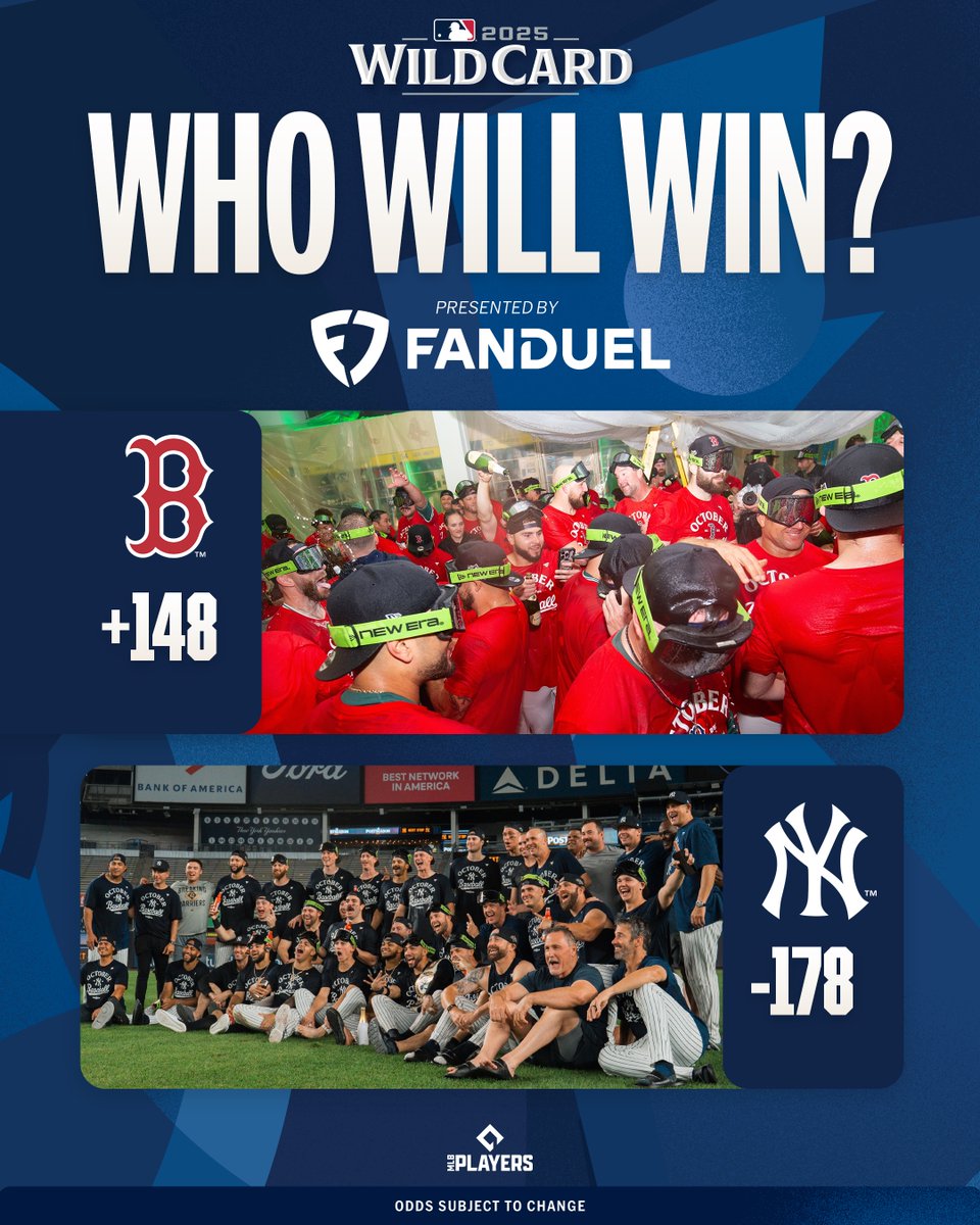 MLB Picks (@mlbpicks) on Twitter photo One of the most historic rivalries in all of sports will take place in the Wild Card series 💪
The winner of the Red Sox and Yankees series will be ______.
Odds via <a href="/FDSportsbook/">FanDuel Sportsbook</a> One of the most historic rivalries in all of sports will take place in the Wild Card series 💪
The winner of the Red Sox and Yankees series will be ______.
Odds via <a href="/FDSportsbook/">FanDuel Sportsbook</a>