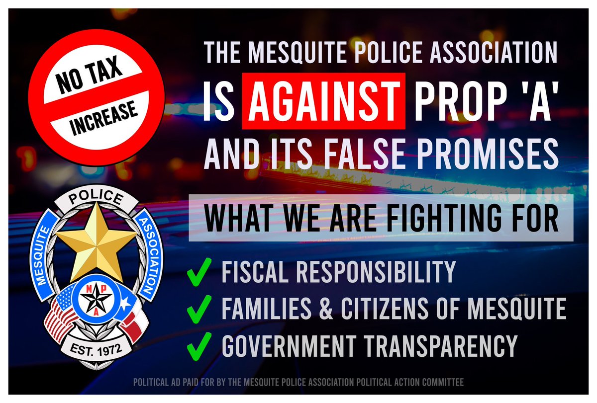 Mesquite Police Association Opposes Proposition A – A Tax Increase on Mesquite

You read that correctly — the <a href="/MesquitePA/">Mesquite Police Association</a>  is AGAINST a tax increase that the City of Mesquite, TX Government is promoting as a way to make #Mesquite #Police Officer pay “competitive.” The truth is