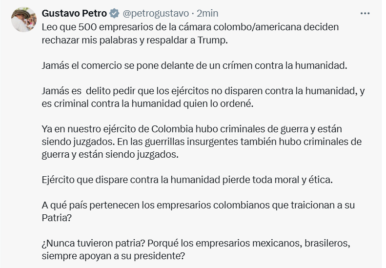 #Atento | El presidente Gustavo Petro le respondió a Amcham tras su pronunciamiento por la determinación de suspenderle la visa al mandatario. "Qué hace la diplomacia norteamericana hablando con la oposición y hablando con mafiosos. Eso es irrespetar la constitución de Colombia.