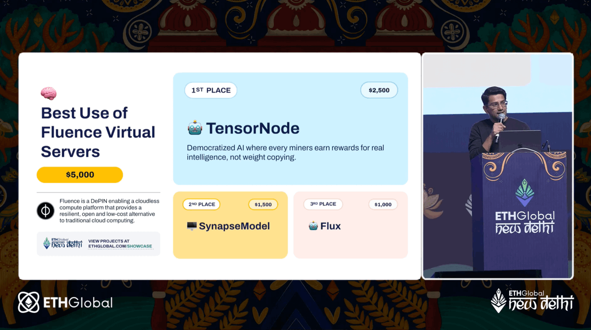 fluence_project's tweet photo. Our cordial congrats to @ETHGlobal Delhi hackers who went full giga-brain with Fluence! 🧠

🏆👏 Meet our BBBs: Brave "Bhais" Buidlers:

🥇 $2500: TensorNode GPU "bazaar" for AI workloads
🥈 $1500: SynapseModel, "hot-sauced" AI inference deployment on Fluence
🥉 $1000: Flux, "sun-tanned" real-time data pipelines

Cloudless open infra is happening now. Let’s keep cooking! 🍳🔥
