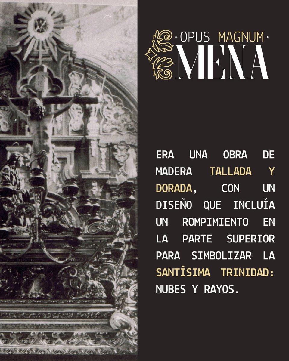 cofradiamena's tweet photo. Era una obra de madera tallada y dorada, con un diseño que incluía un rompimiento en la parte superior para simbolizar la Santísima Trinidad: nubes y rayos.
⚜️ Presentación y bendición del retablo
🗓️ 17 de octubre
⛪️ P. Santo Domingo
🕣 20.30h
#cofradiasmlg #malaga #retablomena https://t.co/yVkrg28nEN