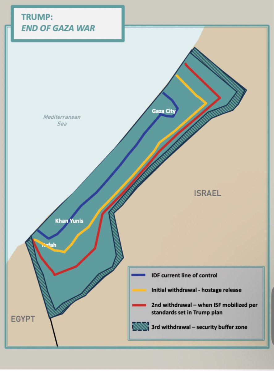 🚨BREAKING: Official Gaza Map per Trump’s Comprehensive Peace Plan (Sent by the White House)
This map illustrates a phased Israeli withdrawal from Gaza aimed at ending the war:
•Blue line: IDF’s current line of control/release.
•Yellow line: Initial withdrawal line for hostage