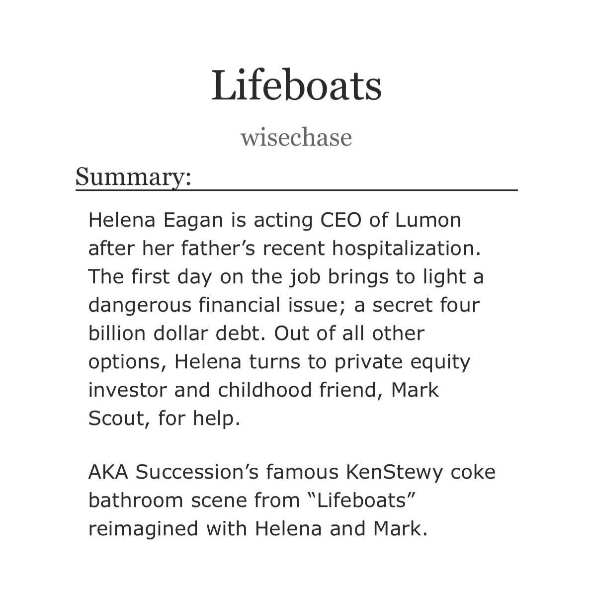 markhellyfics's tweet image. 🍁 Lifeboats by wisechase
🏷️ #markhelena
📈 explicit

Helena Eagan is acting CEO of Lumon after her father’s recent hospitalization. In the middle of a financial issue, Helena turns to private equity investor &amp;amp; childhood friend, Mark Scout, for help.

🔗: archiveofourown.org/works/67064053