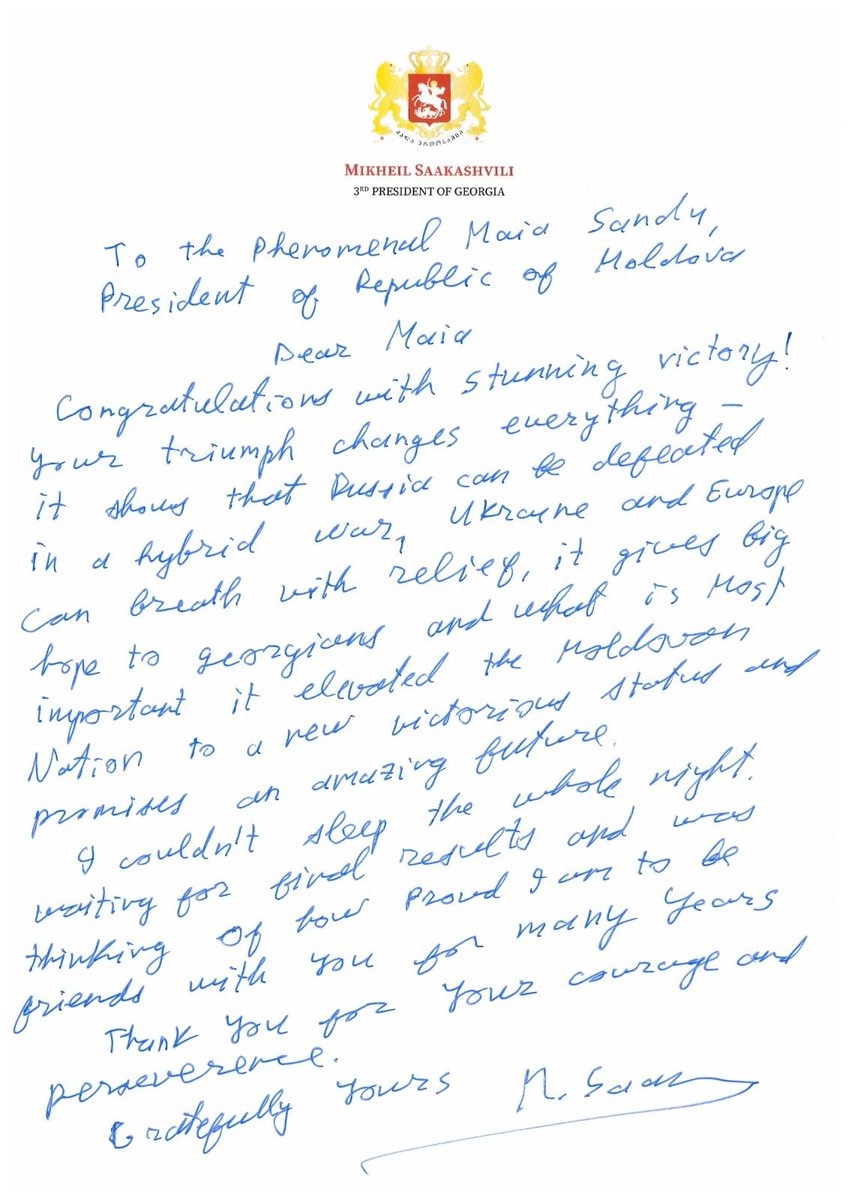 Paula Erizanu (@paulaerizanu) on Twitter photo A handwritten letter from Saakashvili to Maia Sandu, from prison A handwritten letter from Saakashvili to Maia Sandu, from prison