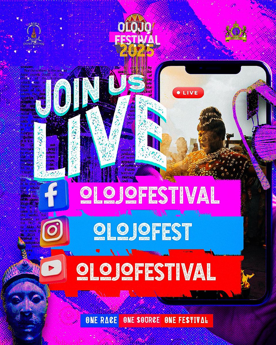 Join us Live tonight from 8pm!! Watch the Cultural Talents Hunt (Final) – where creativity, artistry, and Yoruba tradition come alive on stage.

#OdunOlojo #OlojoFestival
