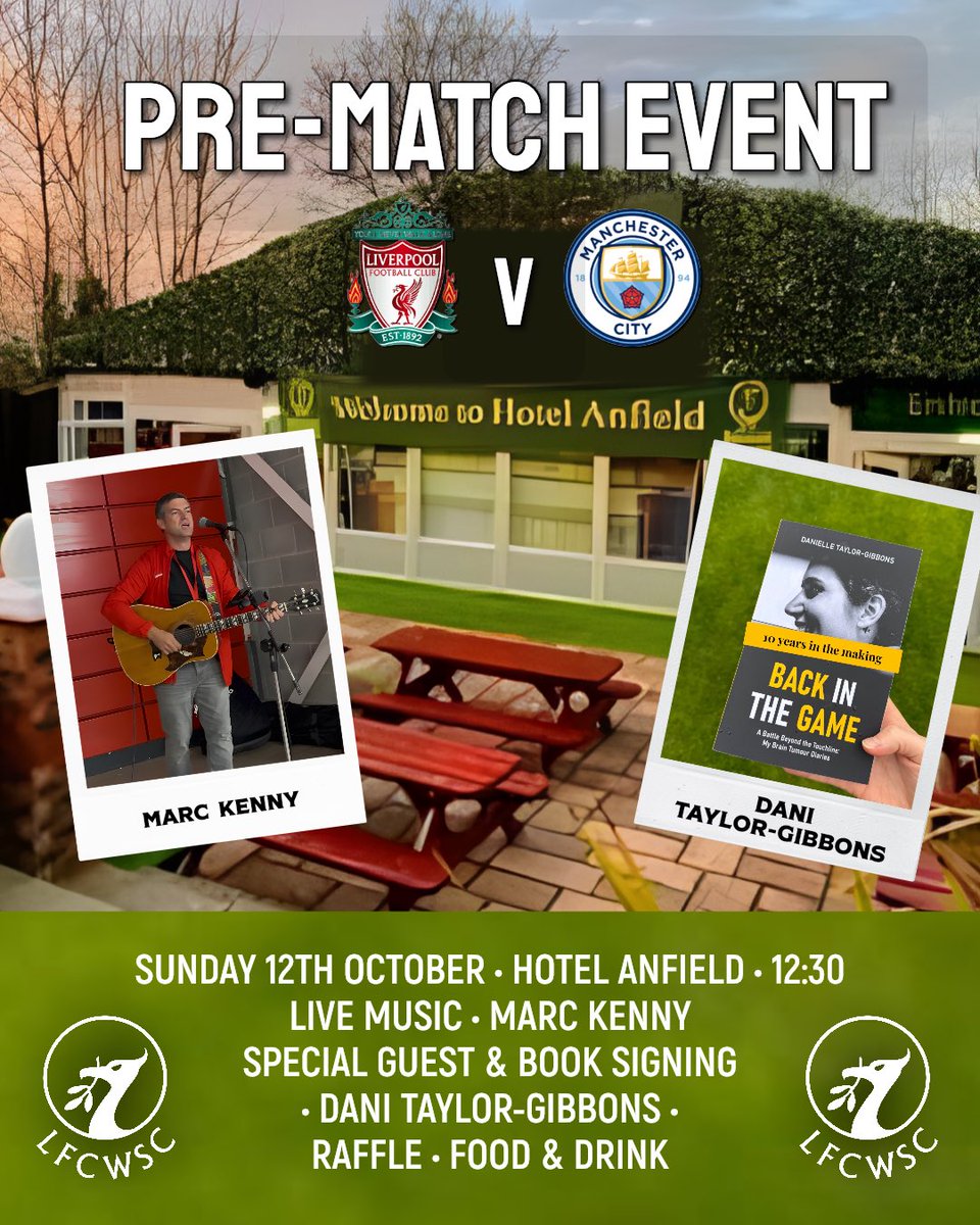 📢 Pre-Match
LFCWSC Event 

📅 Sunday 12th October
⚽️ LFCW vs Man City
📍 Hotel Anfield
🕧 From 12:30pm
🎶 Live music • Marc Kenny
🍴 Food/Drink Available 
🎟 Raffle with great prizes

⭐Special Guest: 
Dani Taylor-Gibbons 
Former LFCW Keeper 
&amp; WSL WINNER
📕✍️ Book Signing