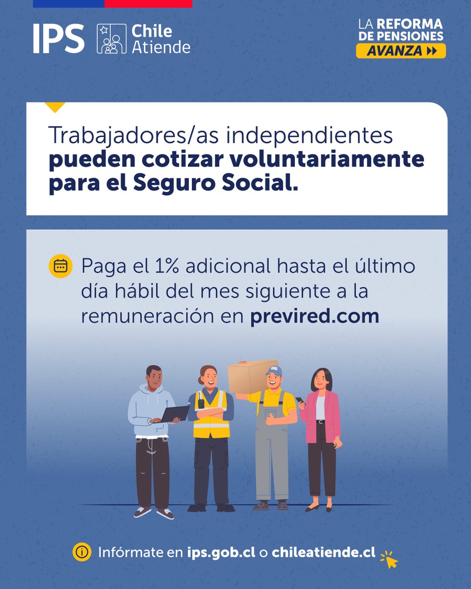 ¡Infórmate!
 📢Las y los trabajadores independientes pueden realizar la cotización adicional del 1% para el Seguro Social DE FORMA VOLUNTARIA👍.
💻Haz el pago en previred.com, hasta el último día hábil del mes siguiente a la remuneración.
+Info👉tinyurl.com/37cea7wp