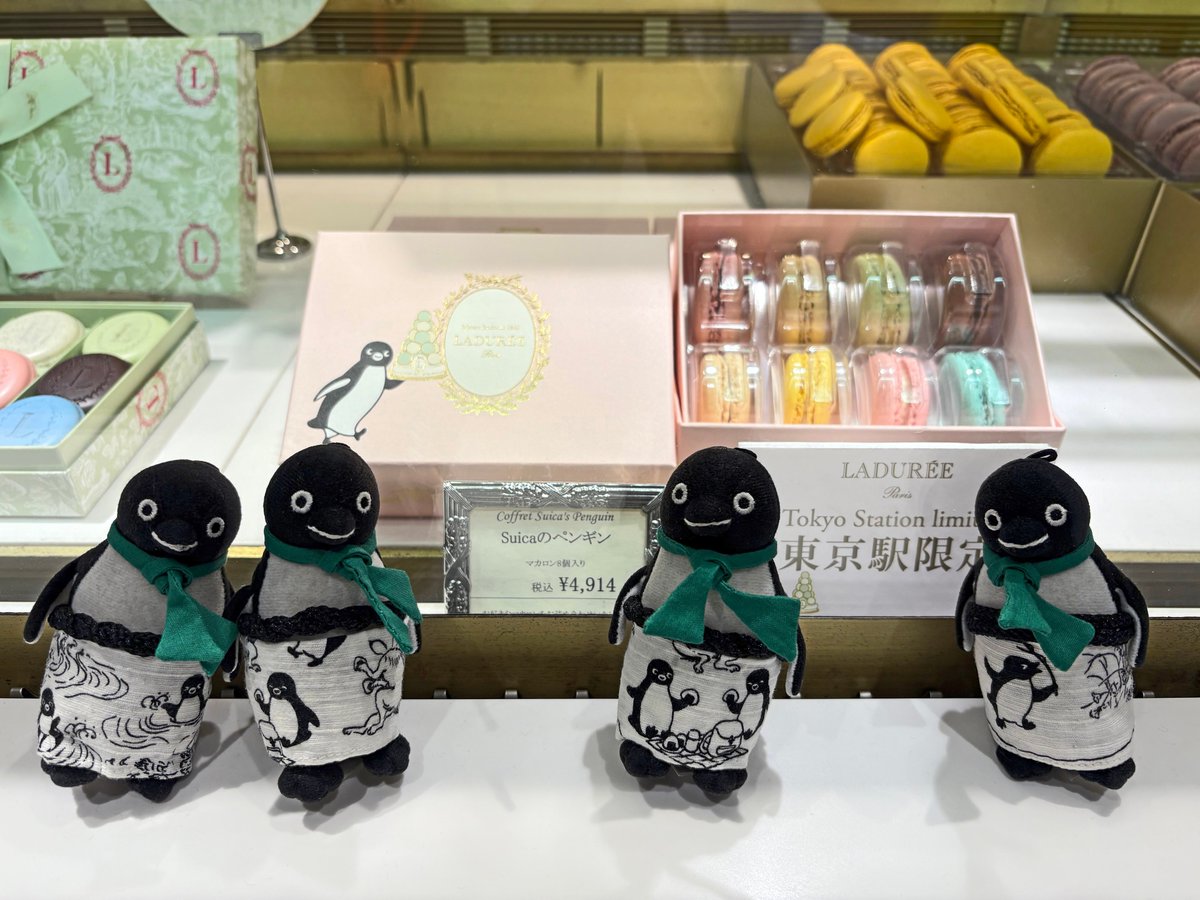 #Suicaのペンギン
#Ladurée

ラデュレ グランスタ東京店にて、ピスタチオマカロンを買ってきました。お写真を撮ることを気持ちよくご許可いただき、ペンギンさんたちは少しはしゃいでいるように見えました。

前回は水色のオリジナルボックスでしたが、今回は淡いピンク色のボックスが登場しています。