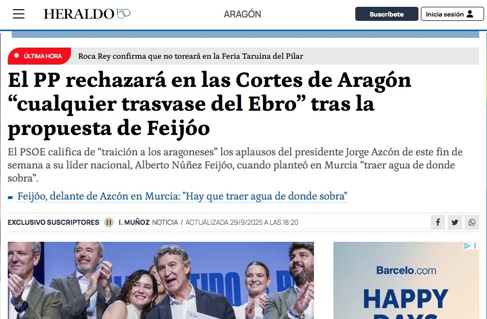 Hasta Ariza rechazamos el trasvase del Ebro. Paso Ariza y aplaudo a Feijoo cuando habla del trasvase. Vuelvo a casa y, otra vez, en cuanto paso de Ariza digo que del trasvase ni flores.
Este es nuestro Presidente. Un aplaudidor de jefes y un embaucador de la ciudadanía