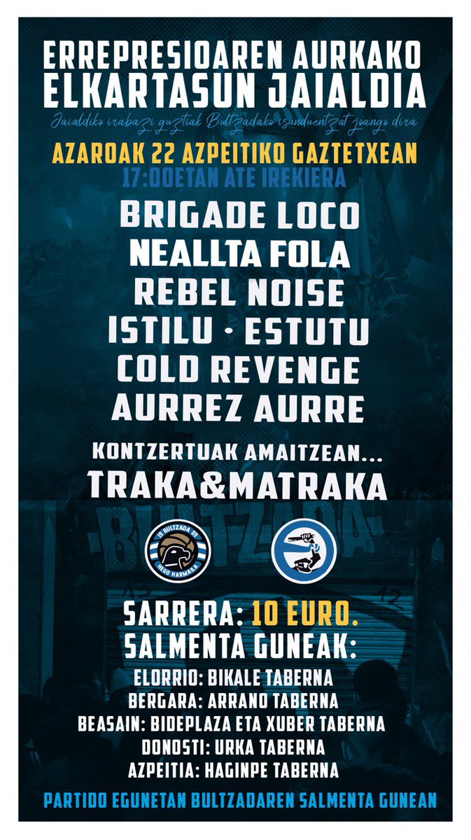 ERREPRESIOAREN AURKAKO ELKARTASUN JAIALDIA

🗓️ Azaroaren 22an
📍Azpeitiko <a href="/Gaztetxie/">Azpeitiko Gaztetxie</a>

Sarrerak salgai hurrengo astelehenetik aurrera!