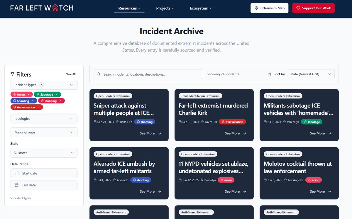 After the assassination of Charlie Kirk, and the ongoing violent escalations by the left, we are committing to building the largest, most comprehensive, database of far-left extremist incidents.

And we need your help. 👇

farleftwatch.com/submit-incident