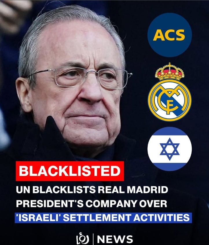 Esta es la portada en Roya TV, canal de televisión de Jordania sobre la participación del capo Florentino Pérez en el genocidio al pueblo de Palestina. Mientras, los grandes medios de comunicación en España callan.