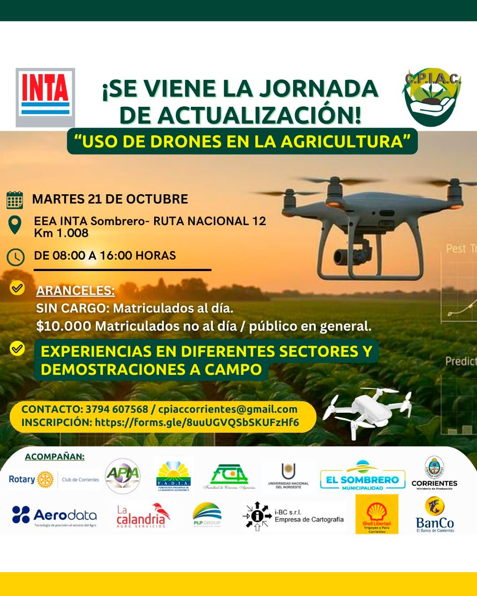 La #FADIA y el Consejo Profesional de Ingenieros Agrónomos de Corrientes #CPIAC invitan a participara de la Jornada de Actualización Provincia de Corrientes, el día 21 de Octubre en la EEA INTA sombrero-Ruta Nac. 12. KM 1008. 

Link de Inscripción:👉  forms.gle/8uuUGVQSbSKUFz…