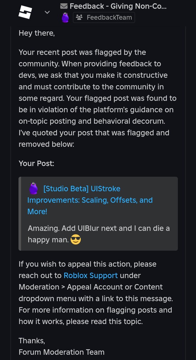 doctr_oof's tweet image. succinct feedback mixed with cheeky humor is now illegal on the #roblox dev forums. crazy.