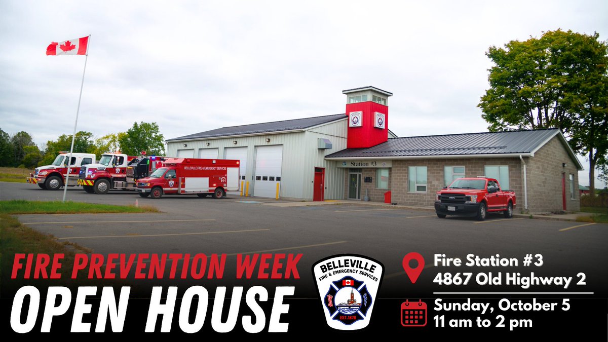 BellevilleON's tweet image. Fire &amp;amp; Emergency Services | Next week is Fire Prevention Week and Belleville Fire is hosting an open house this Sunday at Station #3 to kick off the week! 🔥

📍 Location: Fire Station #3 (4867 Old Hwy. 2)
📅 Date: This Sunday, Oct. 5, from 11 a.m. to 2 p.m.

There will be fun…