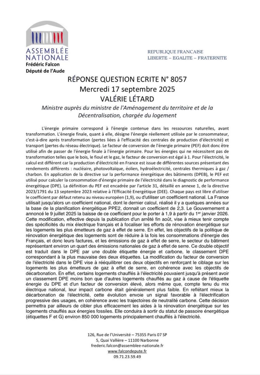 MAnthoParis's tweet image. 🔵 Frédéric Falcon (@RNationalOff), député engagé depuis longtemps contre le #DPE, a questionné la ministre sur le coefficient appliqué : 1,9 pour l’électricité contre 1 pour le gaz ou le fioul.

@FalconFrederic