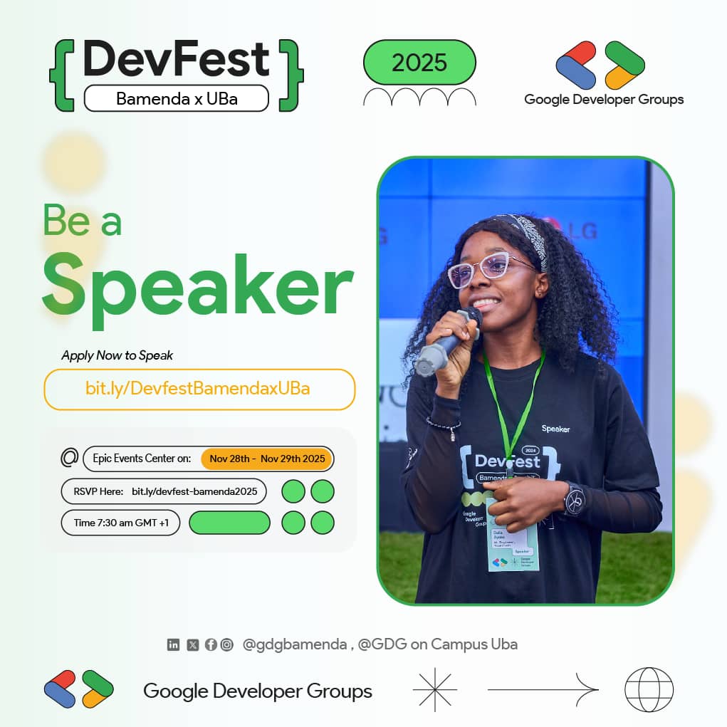 The stage is still open!
Got a talk on building Safe, Secure, and Scalable Solutions with AI and Cloud, join us as a speaker.

Nov 28–29, 2025 | Epic Events Center
Apply now:bit.ly/DevfestBamenda…
Event details: bit.ly/devfest-bamend…

#DevFestBamenda2025 #DevFestBamendaXUBa