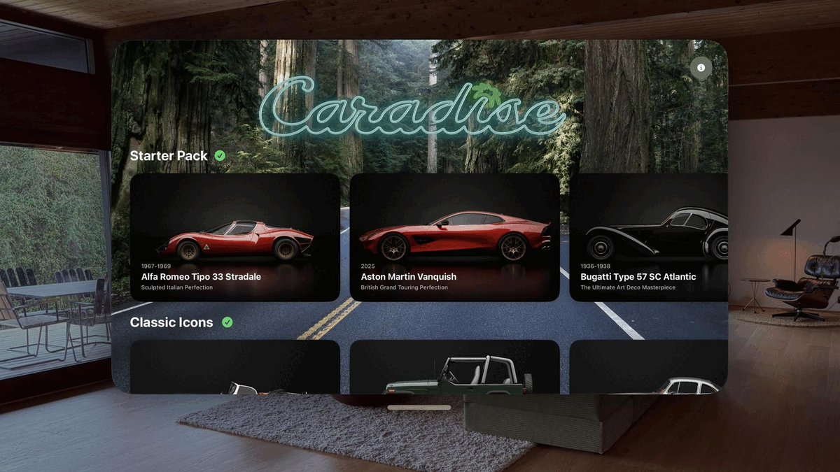 VoodooDE_Gaming's tweet image. Caradise for Apple Vision Pro lets you place high-detail cars like Ferraris in your room, miniature or true scale. It offers free cars with additional bundles available. What do you think about AR apps for virtual car collections? #AR #VisionPro