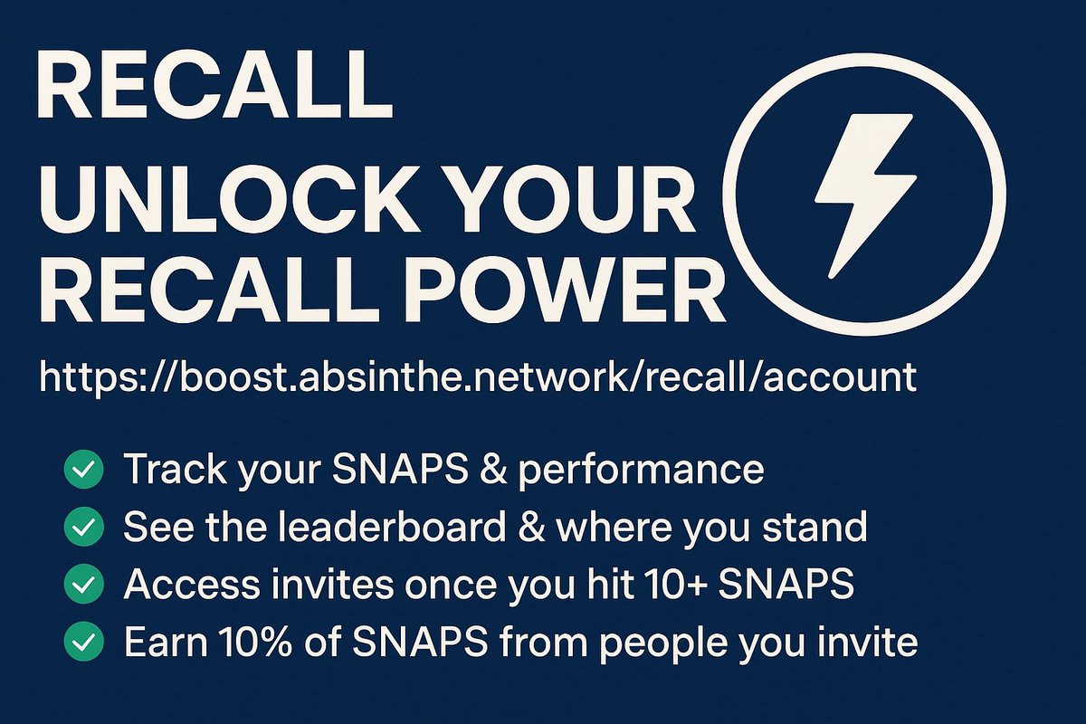 alidrop_x's tweet photo. 🚀 Unlock Your Recall Power! 🚀

✅ Track your SNAPS &amp; performance
✅ See the leaderboard &amp; where you stand
✅ Access invites once you hit 10+ SNAPS
✅ Earn 10% of SNAPS from people you invite

Don’t wait — connect now and start building your cabal!  #Recall #SNAPS @recallnet https://t.co/R7pJphHhjo