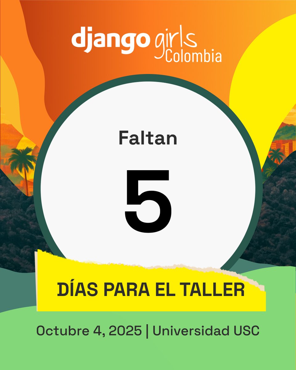 🚀 ¡Faltan solo 5 días! 💻✨
En menos de una semana estaremos creando nuestra primera página web en el Taller de Programación para Mujeres Django Girls Cali. 👩‍💻🧡

📍 Más info: djangogirls.org/en/cali/
#DjangoGirls #Python #CaliEsCali #ComunidadTech #MujeresEnTecnología